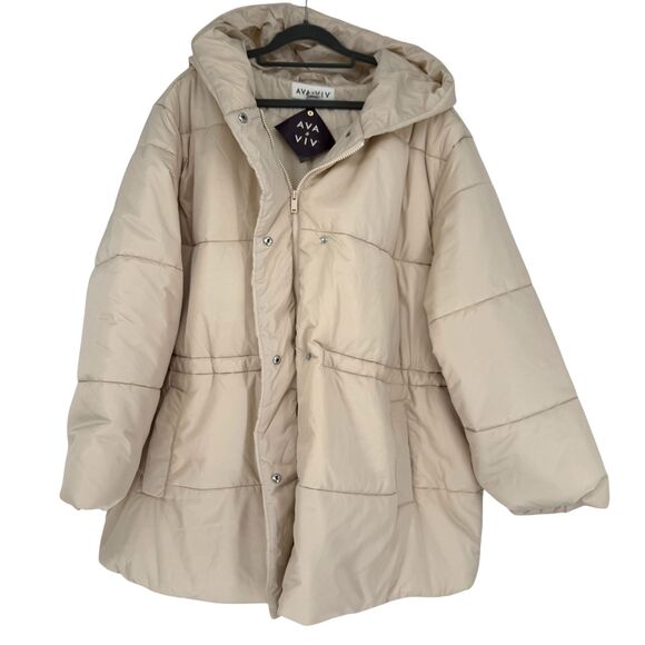 Ava & Viv Women’s 2X Puffer Jacket Taupe Hooded Mid-Length Zip Snap Winter Coat - Picture 4 of 12